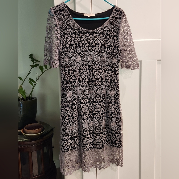 Bohemian Lacey Altered State Dress Medium Boho Gray Black Vintage Look - Picture 1 of 8